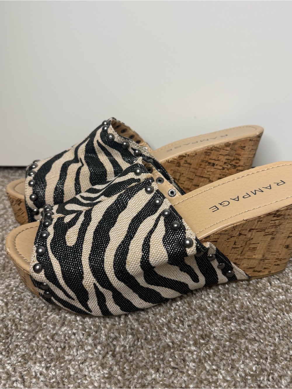 Rampage Zebra-Print Studded Cork Wedge Slides - Black & Cream